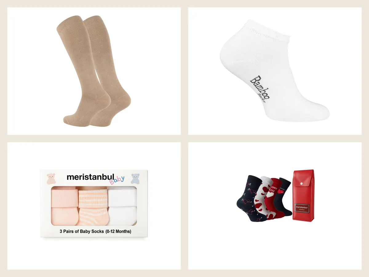 Meristanbul uçuş çorabı, bambu patik çorap, Meristanbul Baby kutulu bebek çorabı ve Gift Edition kalpli hediye seti