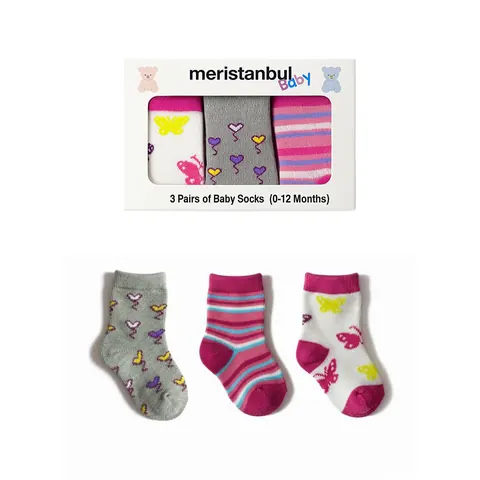 Meristanbul Baby 3'lü Kız Bebek Çorabı – Kelebek, Balon, Çizgili