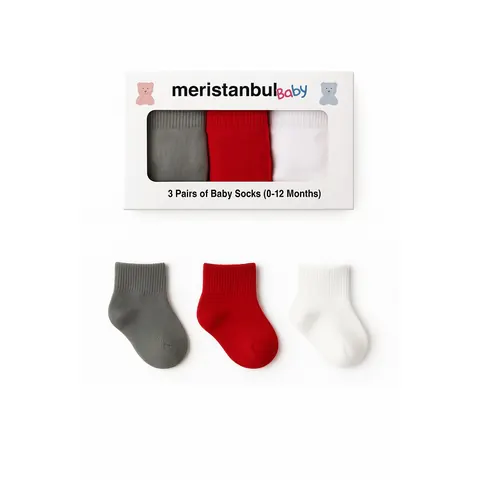 Meristanbul Baby 3'lü Unisex Bebek Çorabı – Kırmızı, Gri, Beyaz