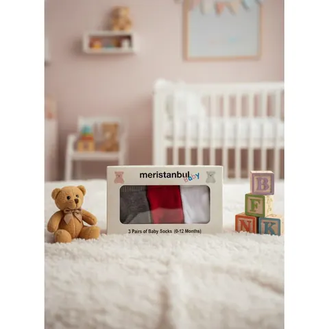 Meristanbul Baby 3'lü Unisex Bebek Çorabı – Kırmızı, Gri, Beyaz – görsel 2