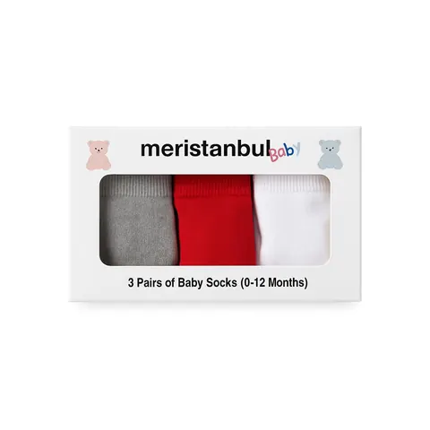 Meristanbul Baby 3'lü Unisex Bebek Çorabı – Kırmızı, Gri, Beyaz – görsel 3